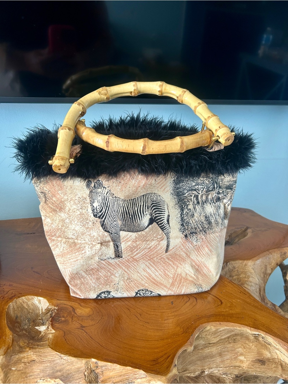 Zebra Print Tote with Black Fur Trim and Bamboo Handles